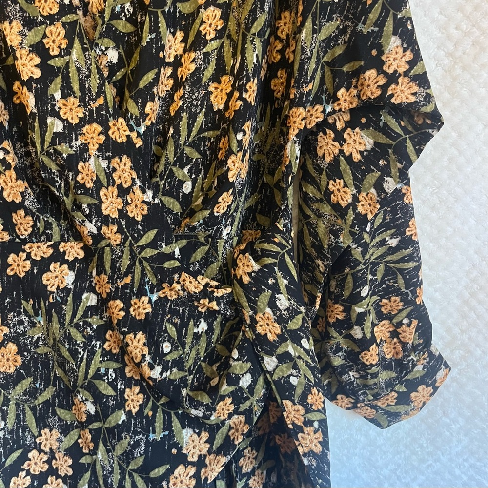 Entro Wrap Dress Floral Long Sleeve Dress Bishop Sleeves V Neck Black Green MED - Picture 5 of 7